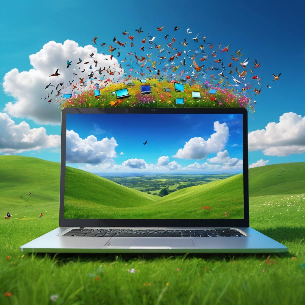 A whimsical landscape depicting an open laptop on a lush green hill, with vibrant colors spilling out of the screen, representing premium content; people joyfully exploring various digital worlds around the laptop, symbolizing the joy of discovery; a bright blue sky filled with fluffy clouds and birds, hinting at endless possibilities. super-realistic. vibrant colors. 3D.