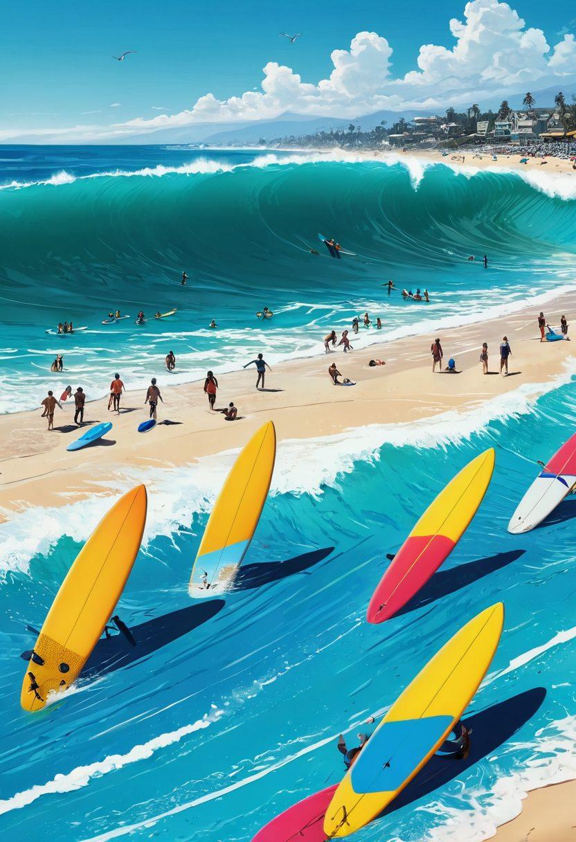 A dynamic beach scene featuring diverse surfers riding vibrant waves under a bright blue sky, showcasing a sense of freedom and excitement. Include colorful surfboards and a crowd of enthusiastic beachgoers in the foreground. Overlay subtle elements of digital technology, like abstract code patterns or glowing icons, to symbolize the unblocking of online experiences. Use a sunny color palette that evokes joy and adventure. super-realistic. vibrant colors.