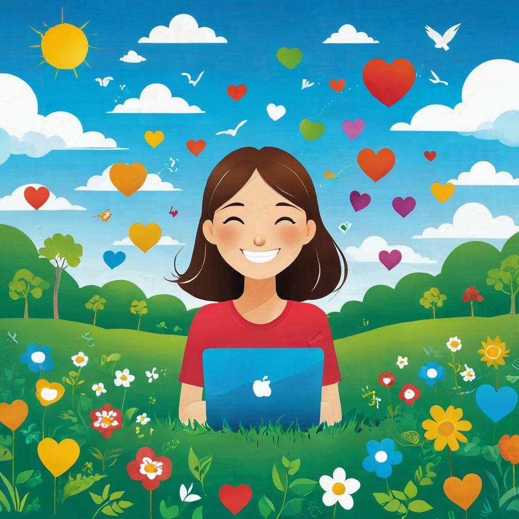 A serene landscape depicting a person joyfully exploring a vibrant, limitless digital world filled with colorful icons and symbols of happiness like hearts and sunshine. The background should feature a beautiful blue sky and lush greenery, symbolizing freedom and bliss. Include whimsical elements such as floating clouds shaped like smiley faces and digital devices showing a variety of joyful websites. bright colors. modern illustration. 2D digital art.
